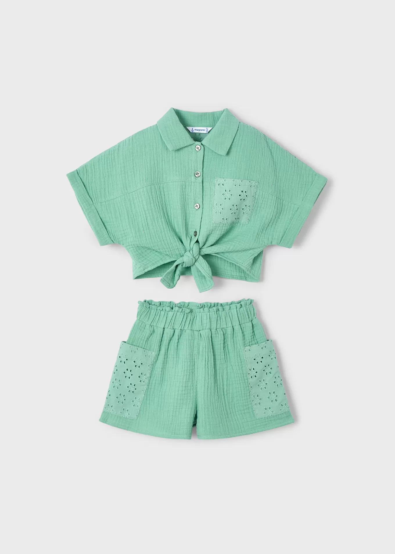 Conjuntos^Mayoral Conjunto pantalón corto perforado y blusa niña Menta